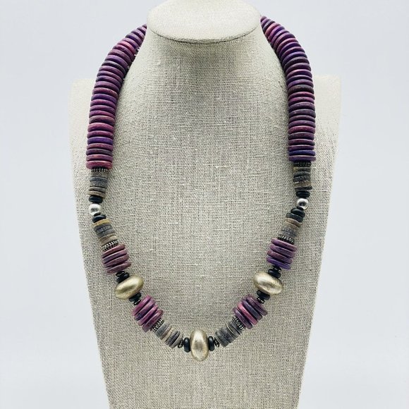 Purple Disc Necklace Silver Tone Beads Ethnic Native Tribal Southwest Classic - Picture 6 of 8